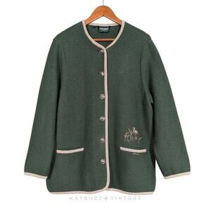 Geiger Boiled Wool Sweater Jacket 42 L Green Embroider Bird Heron Duck Cardigan
